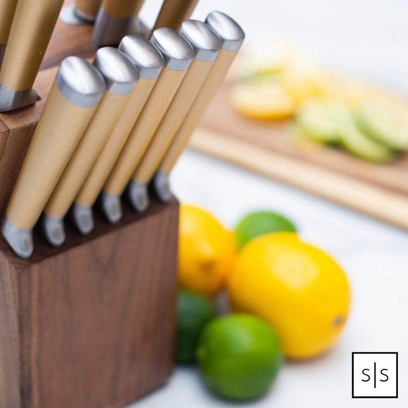 styled settings Gold Knife Set with Walnut Block â€“ 13-Piece Full Tang Stainless Steel Kitchen Knives â€“ Durable Gold Kitchen Accessories for Cooking and Food Prep - Image 4